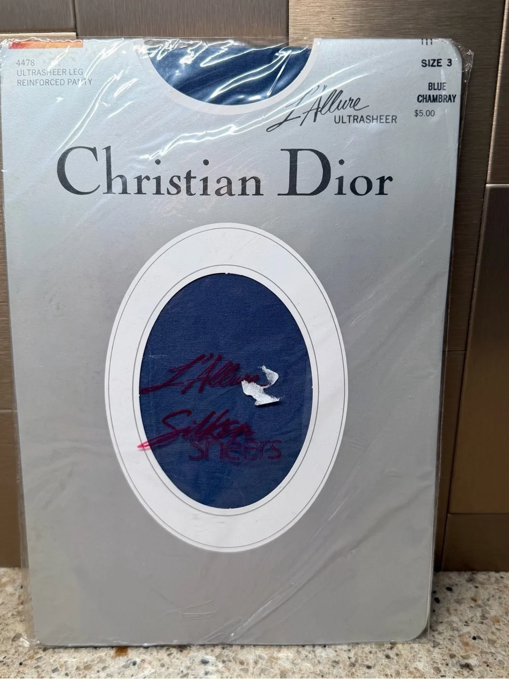 VTG Christian Dior Pantyhose NIP Rare Blue Chambray Size 3 Large